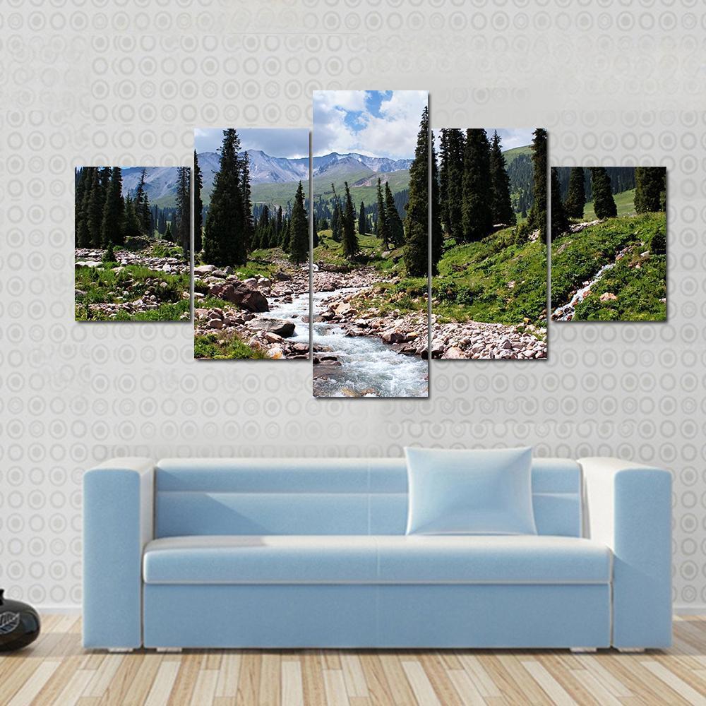 Summer Mountain Valley Kazakhstan Canvas Wall Art-5 Star-Gallery Wrap-62" x 32"-Tiaracle