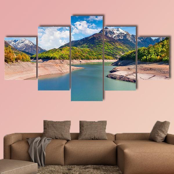 Summer Panorama Of The Lac du Sautet Lake Canvas Wall Art-5 Star-Gallery Wrap-62" x 32"-Tiaracle