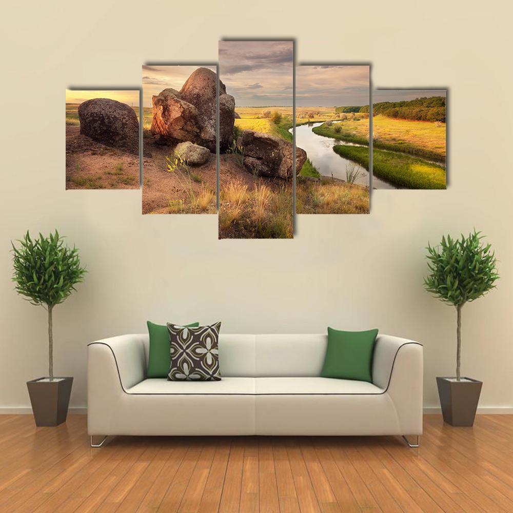 Summer Sunset At The River In Ukraine Canvas Wall Art-5 Star-Gallery Wrap-62" x 32"-Tiaracle
