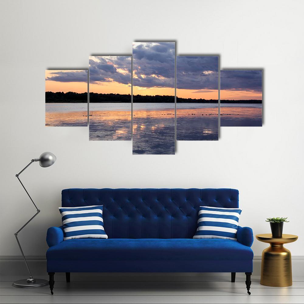 Summer Sunset In Latvia On River Daugava Canvas Wall Art-5 Star-Gallery Wrap-62" x 32"-Tiaracle
