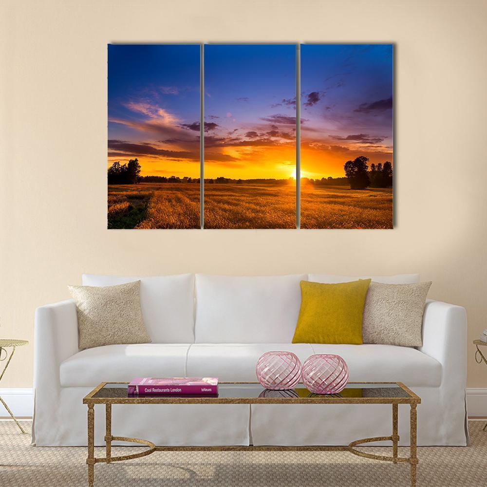 Summer Sunset Over Fields Canvas Wall Art-3 Horizontal-Gallery Wrap-37" x 24"-Tiaracle