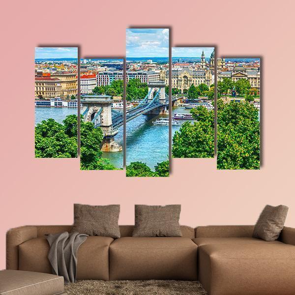 Summer View Of Chain Bridge On Danube River In Budapest City Canvas Wall Art-5 Pop-Gallery Wrap-47" x 32"-Tiaracle