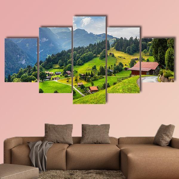 Summer View Of Wengen Village Canvas Wall Art-5 Star-Gallery Wrap-62" x 32"-Tiaracle