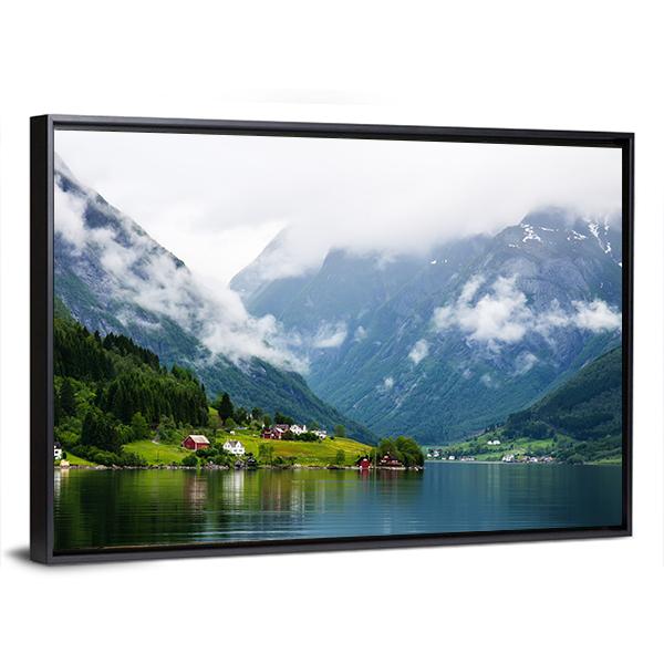 Summer View To Sognefjord And Village In Norway Canvas Wall Art-3 Horizontal-Gallery Wrap-25" x 16"-Tiaracle