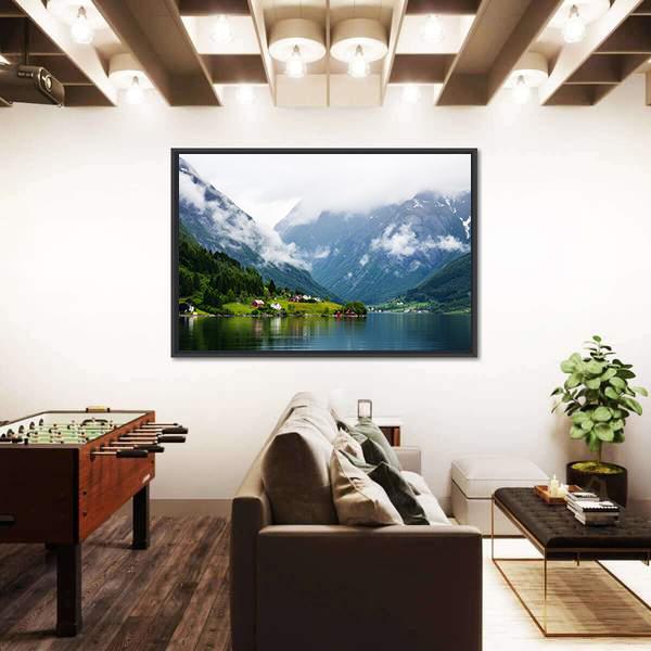 Summer View To Sognefjord And Village In Norway Canvas Wall Art-3 Horizontal-Gallery Wrap-25" x 16"-Tiaracle
