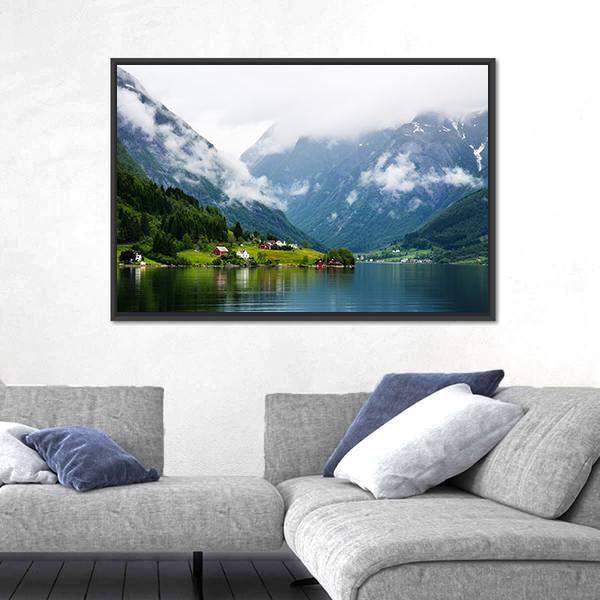 Summer View To Sognefjord And Village In Norway Canvas Wall Art-3 Horizontal-Gallery Wrap-25" x 16"-Tiaracle