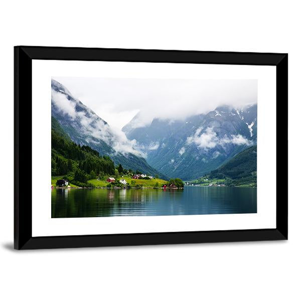 Summer View To Sognefjord And Village In Norway Canvas Wall Art-3 Horizontal-Gallery Wrap-25" x 16"-Tiaracle