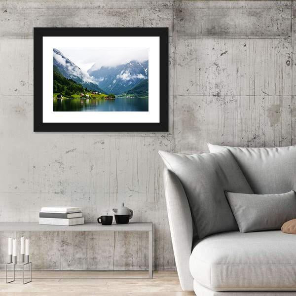 Summer View To Sognefjord And Village In Norway Canvas Wall Art-3 Horizontal-Gallery Wrap-25" x 16"-Tiaracle