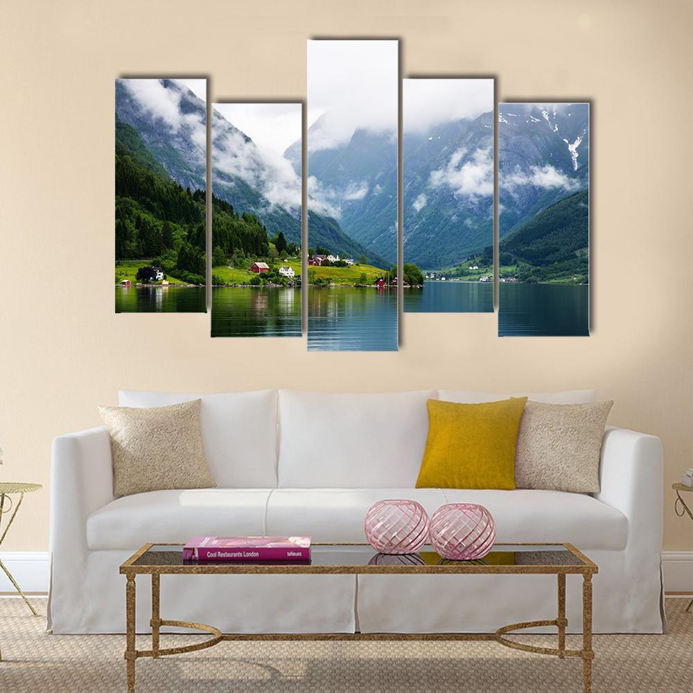 Summer View To Sognefjord And Village In Norway Canvas Wall Art-5 Pop-Gallery Wrap-47" x 32"-Tiaracle