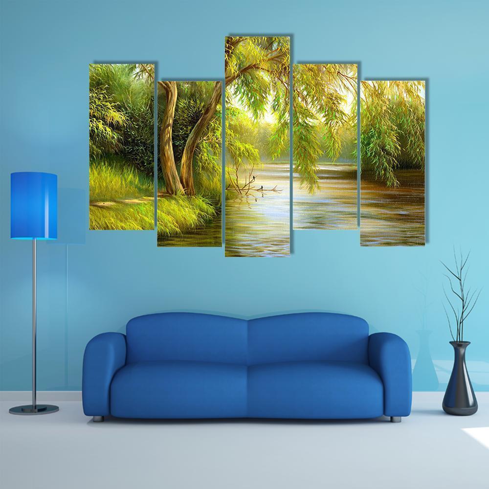 Summer Wood Lake With Trees Canvas Wall Art-5 Pop-Gallery Wrap-47" x 32"-Tiaracle