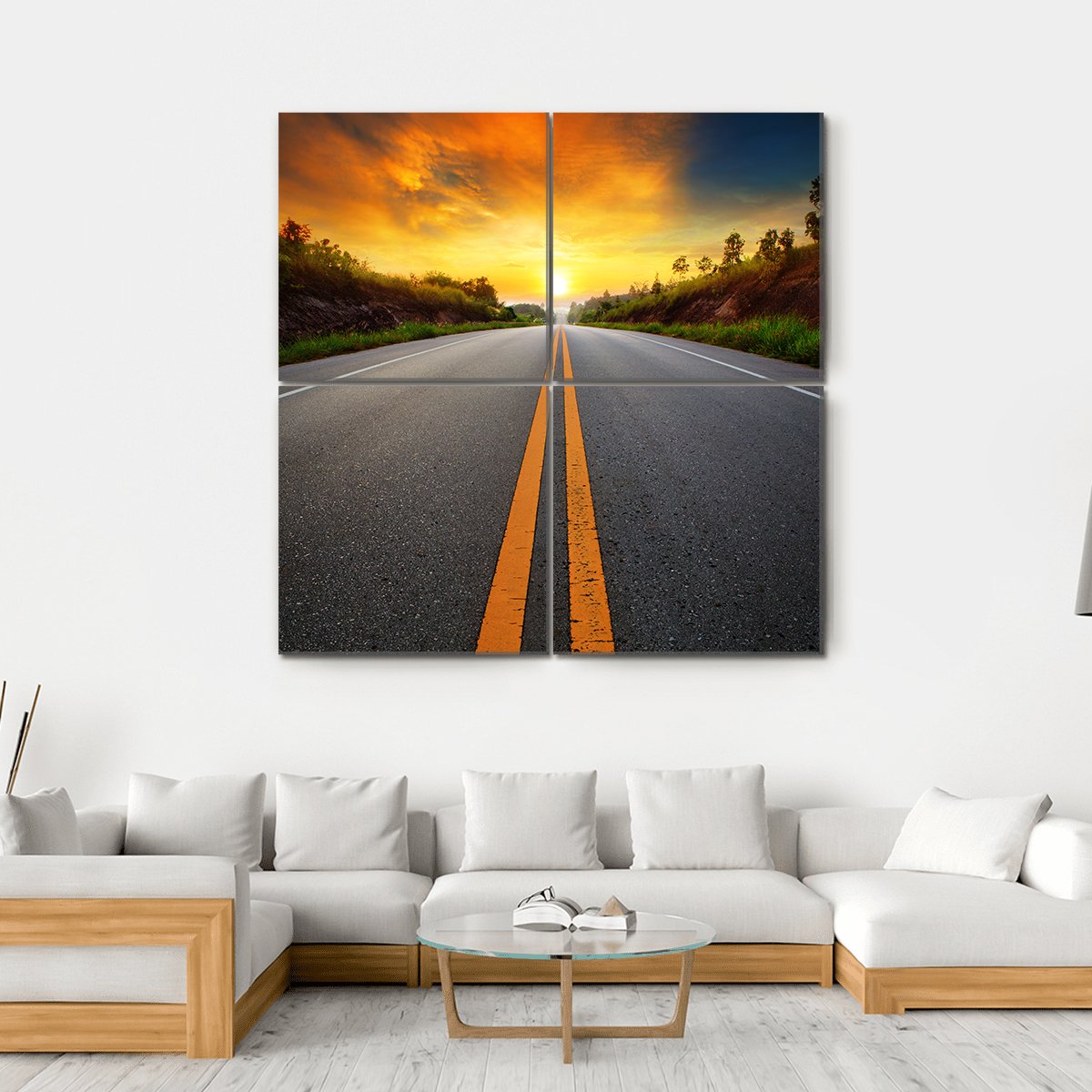 Sun Rising Sky With Asphalt Highways Road Canvas Wall Art-4 Square-Gallery Wrap-17" x 17"-Tiaracle