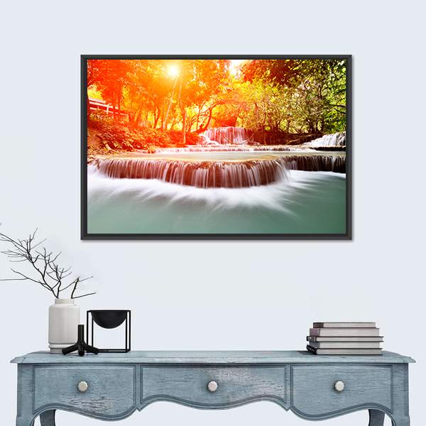 Sun Shines At Tadklangsi Waterfall Canvas Wall Art-1 Piece-Floating Frame-24" x 16"-Tiaracle