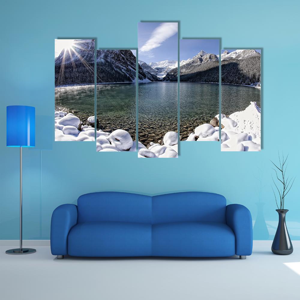 Sun Shining Over Lake Louise With Mountains Canvas Wall Art-5 Pop-Gallery Wrap-47" x 32"-Tiaracle