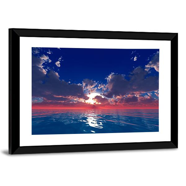 Sun With Rays In Clouds Over Ocean Sunset Canvas Wall Art-5 Horizontal-Gallery Wrap-22" x 12"-Tiaracle