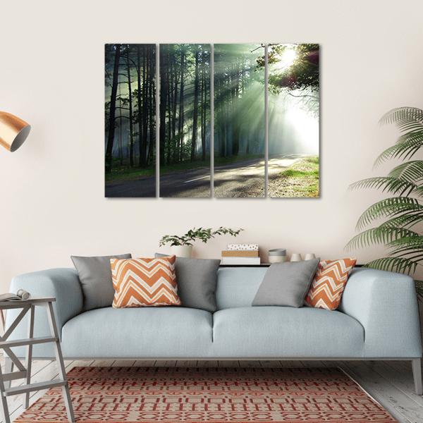 Sunlight Rays On The Forest Road Canvas Wall Art-4 Horizontal-Gallery Wrap-34" x 24"-Tiaracle