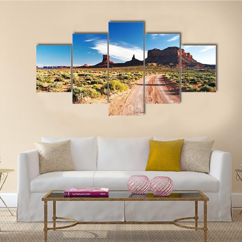 Sunny Day In Monument Valley Canvas Wall Art-5 Star-Gallery Wrap-62" x 32"-Tiaracle