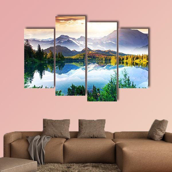Sunny Day In Mountain & Lake Canvas Wall Art-4 Pop-Gallery Wrap-50" x 32"-Tiaracle