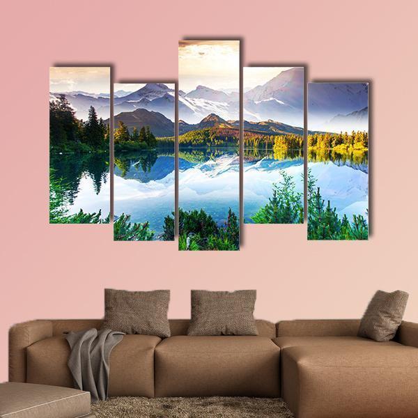 Sunny Day In Mountain & Lake Canvas Wall Art-5 Pop-Gallery Wrap-47" x 32"-Tiaracle