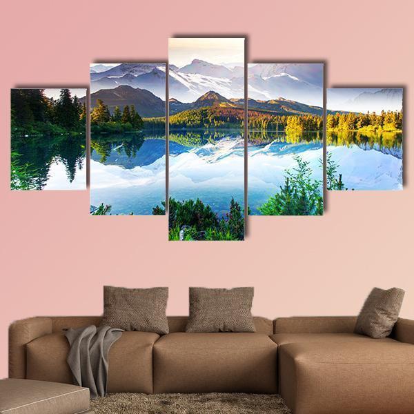 Sunny Day In Mountain & Lake Canvas Wall Art-5 Star-Gallery Wrap-62" x 32"-Tiaracle
