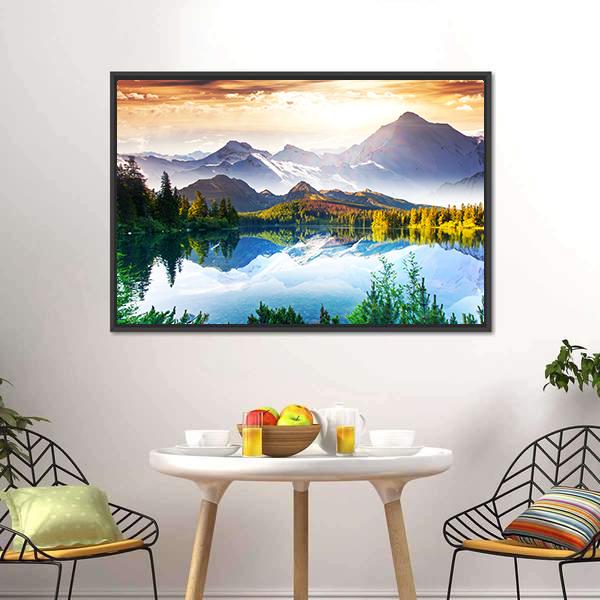 Sunny Day In Mountain & Lake Canvas Wall Art-3 Horizontal-Gallery Wrap-25" x 16"-Tiaracle