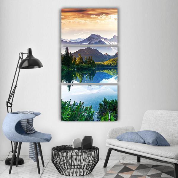 Sunny Day In Mountain & Lake Vertical Canvas Wall Art-3 Vertical-Gallery Wrap-12" x 25"-Tiaracle