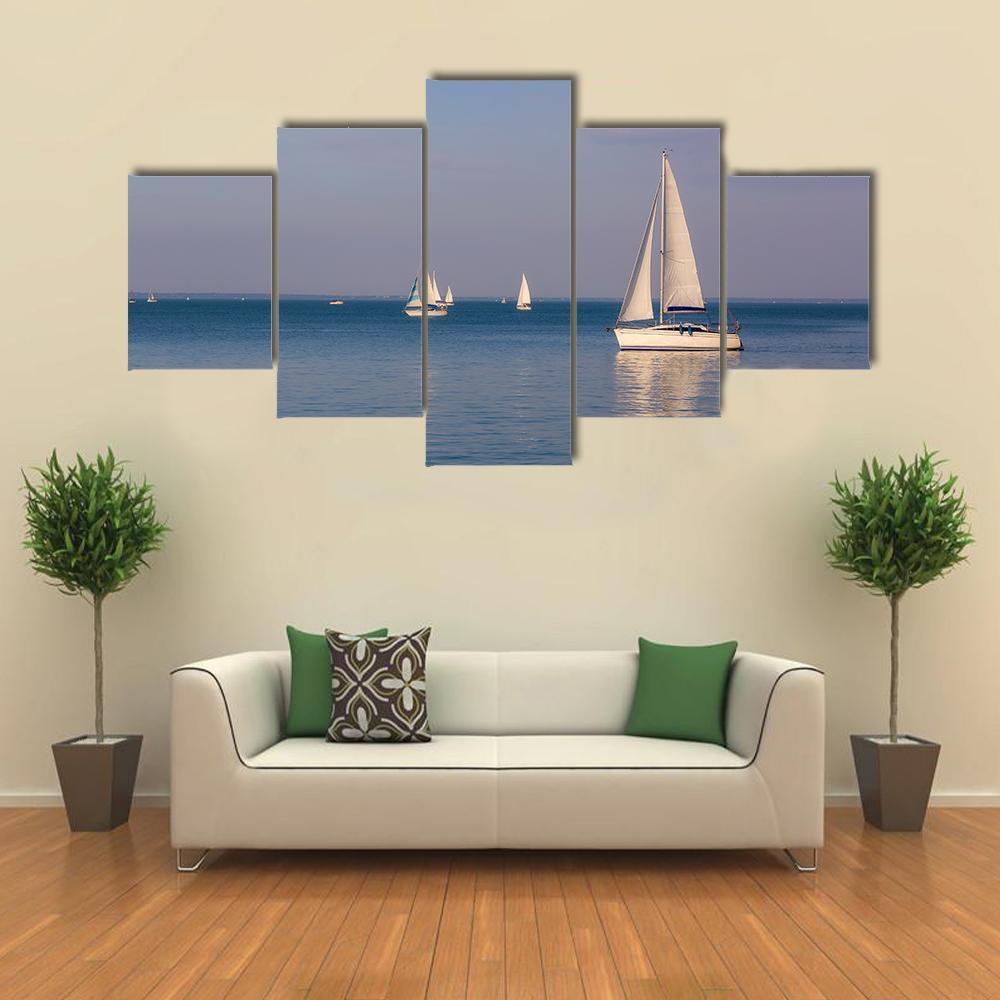 Sunny Day On Lake Balaton With Sailboats Canvas Wall Art-5 Star-Gallery Wrap-62" x 32"-Tiaracle