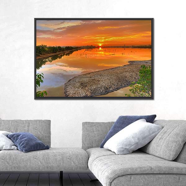 Sunrise Across A River India Canvas Wall Art-3 Horizontal-Gallery Wrap-25" x 16"-Tiaracle