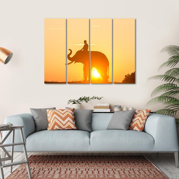 Sunrise Action Of Thai Elephant Canvas Wall Art-4 Horizontal-Gallery Wrap-34" x 24"-Tiaracle