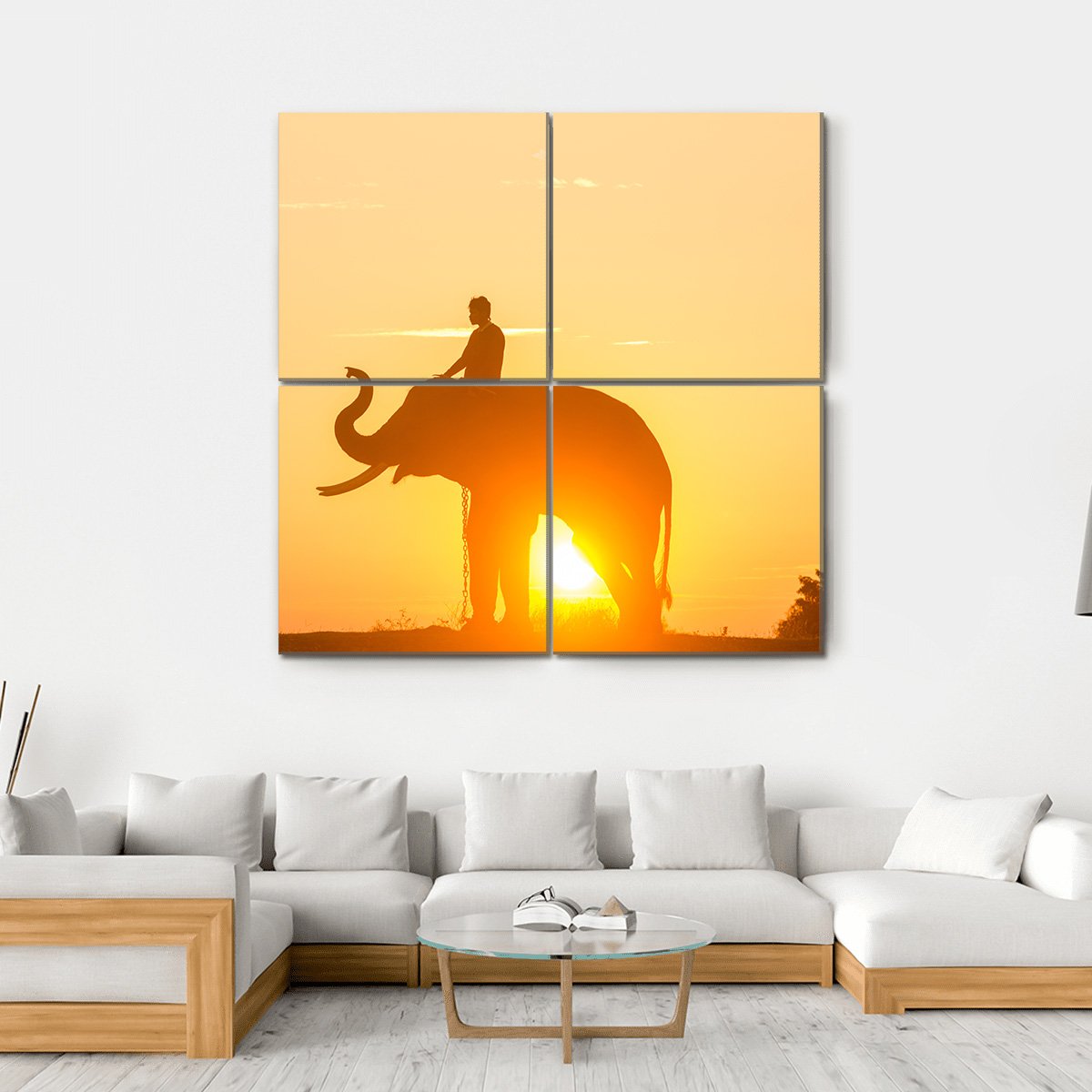 Sunrise Action Of Thai Elephant Canvas Wall Art-4 Square-Gallery Wrap-17" x 17"-Tiaracle