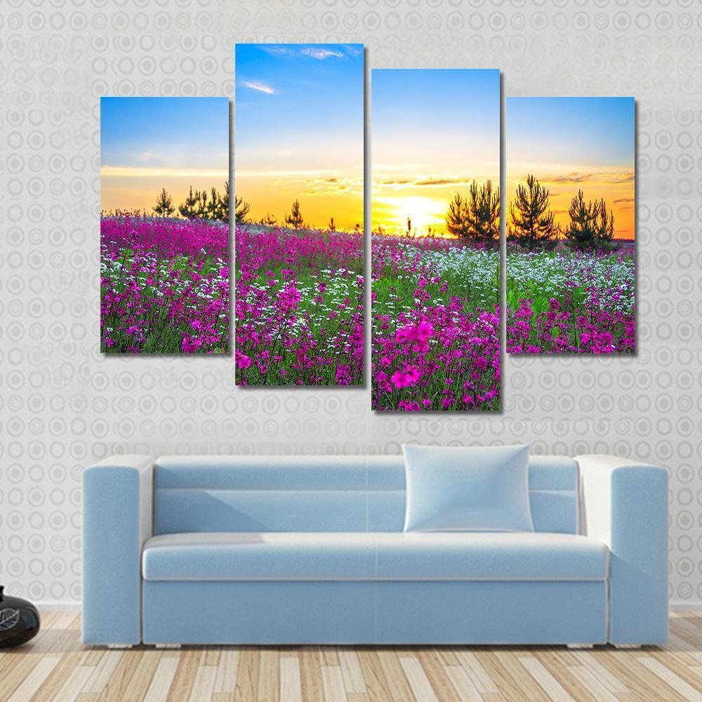 Sunrise And Flowers Scenery Canvas Wall Art-1 Piece-Gallery Wrap-48" x 32"-Tiaracle
