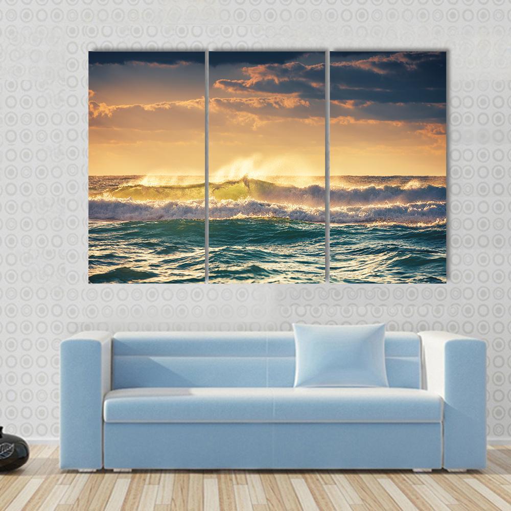 Sunrise And Shining Waves In Ocean Canvas Wall Art-3 Horizontal-Gallery Wrap-37" x 24"-Tiaracle