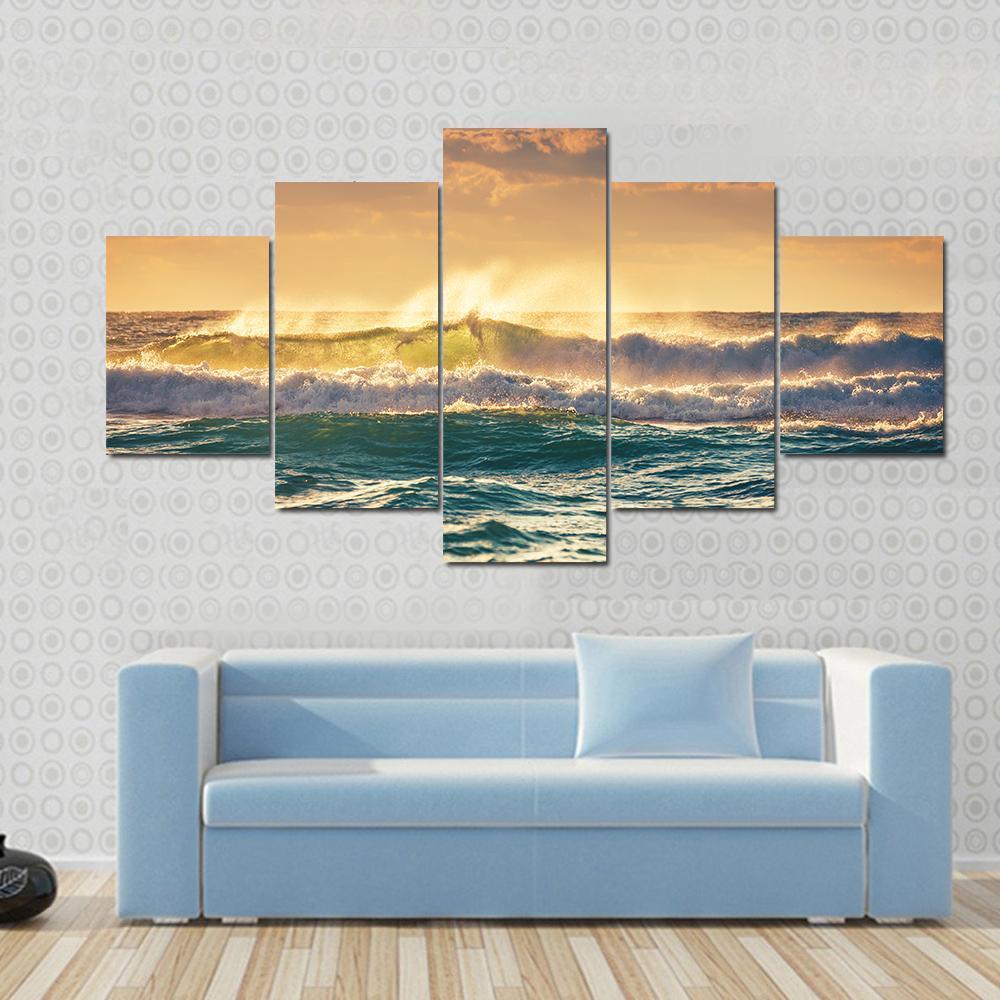 Sunrise And Shining Waves In Ocean Canvas Wall Art-5 Star-Gallery Wrap-62" x 32"-Tiaracle