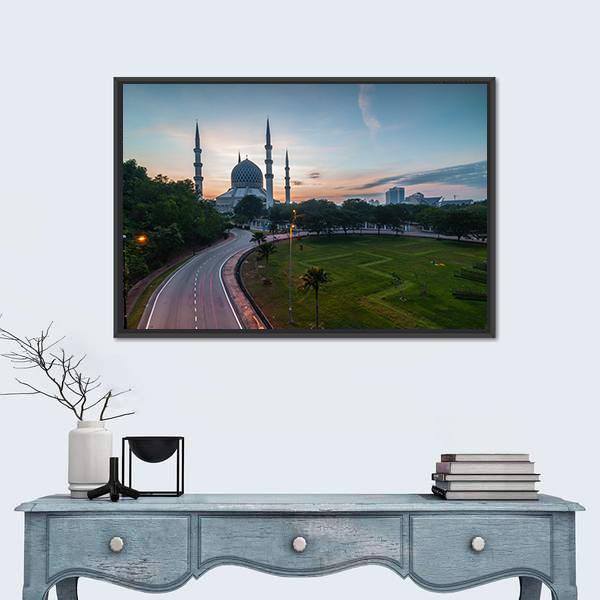 Sunrise At Blue Mosque Shah Alam Malaysia Canvas Wall Art-1 Piece-Floating Frame-24" x 16"-Tiaracle