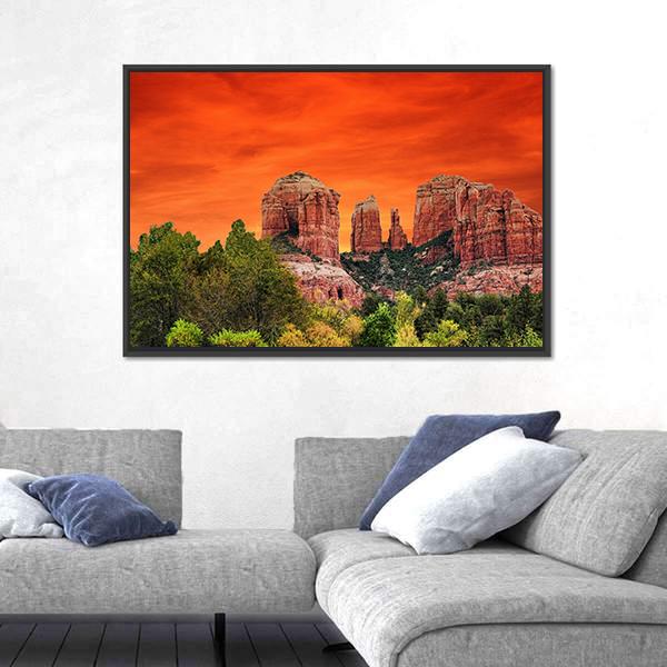 Sunrise At Cathedral Rock Sedona Arizona Canvas Wall Art-3 Horizontal-Gallery Wrap-25" x 16"-Tiaracle