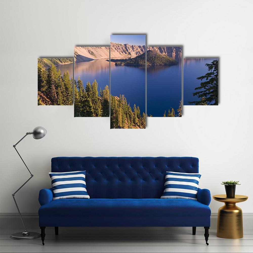 Sunrise At Crater Lake Volcano In Oregon Canvas Wall Art-5 Star-Gallery Wrap-62" x 32"-Tiaracle