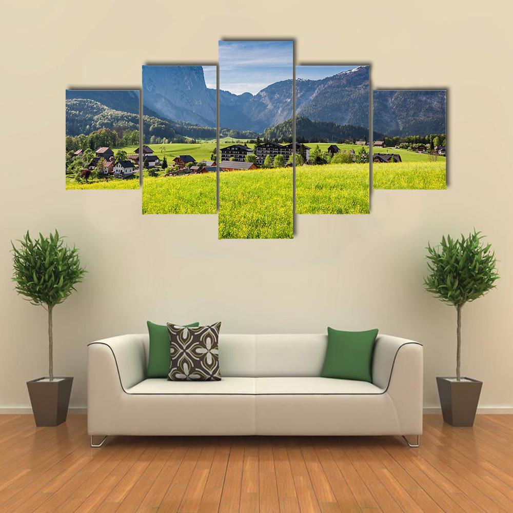 Sunrise At Gosau In Alps Austria Canvas Wall Art-5 Star-Gallery Wrap-62" x 32"-Tiaracle