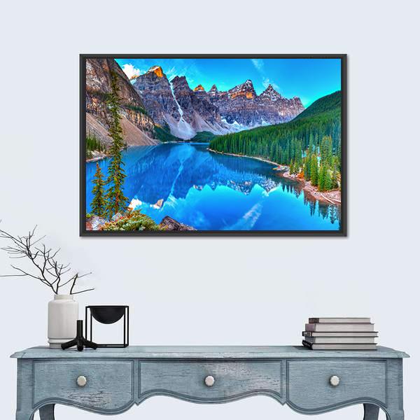 Sunrise At Moraine Lake Canvas Wall Art-1 Piece-Floating Frame-24" x 16"-Tiaracle