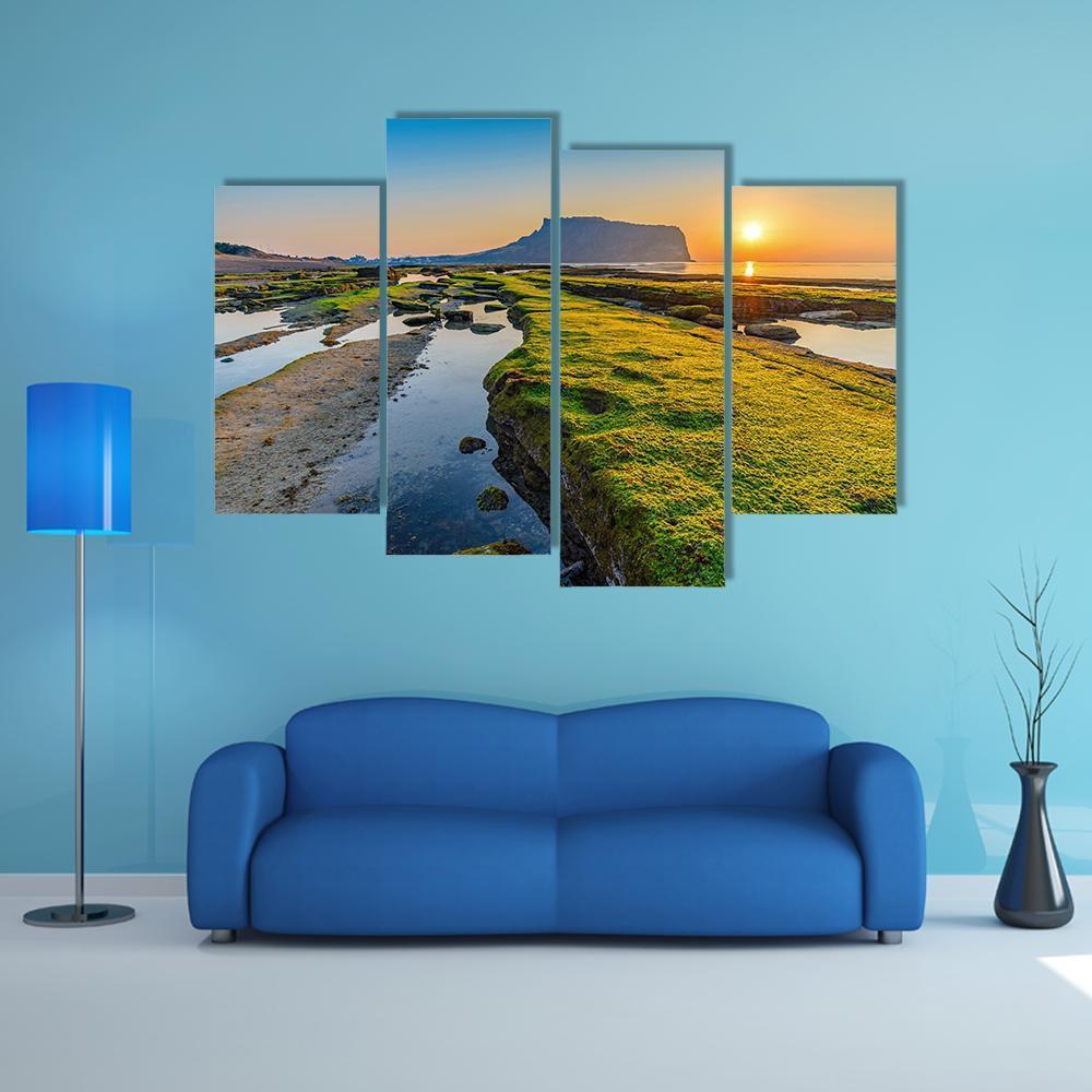 Sunrise At Seongsan Ilchulbong Canvas Wall Art-4 Pop-Gallery Wrap-50" x 32"-Tiaracle