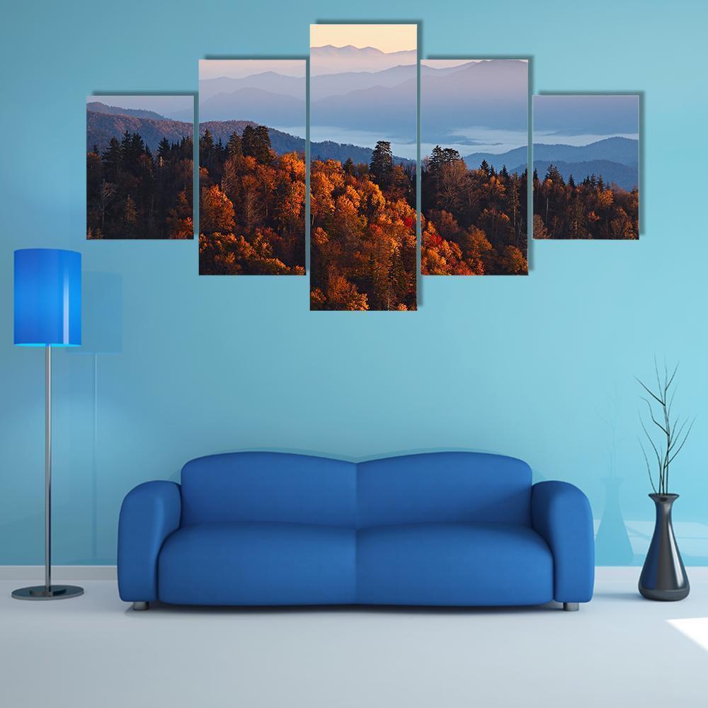 Sunrise At Smoky Mountains Canvas Wall Art-5 Star-Gallery Wrap-62" x 32"-Tiaracle