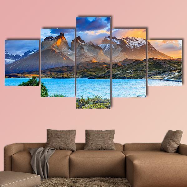 Sunrise At The Pehoe Lake Canvas Wall Art-5 Star-Gallery Wrap-62" x 32"-Tiaracle