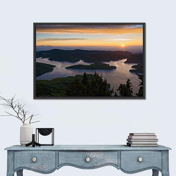 Sunrise At Tthe Plastiras Lake In Greece Canvas Wall Art-1 Piece-Floating Frame-24" x 16"-Tiaracle