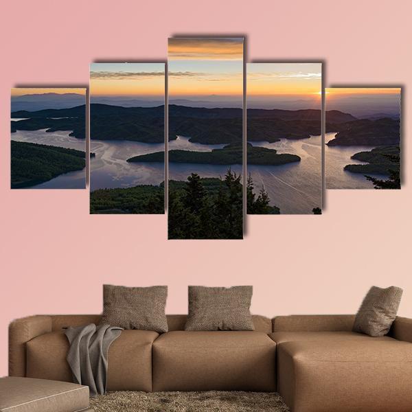 Sunrise At Tthe Plastiras Lake In Greece Canvas Wall Art-5 Star-Gallery Wrap-62" x 32"-Tiaracle