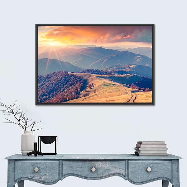 Sunrise In The Carpathian Mountains Ukraine Canvas Wall Art-1 Piece-Floating Frame-24" x 16"-Tiaracle