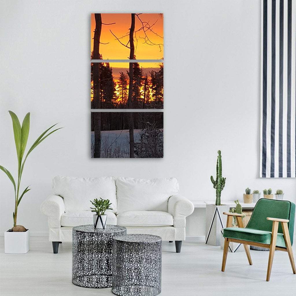 Sunrise In Winter Forest Vertical Canvas Wall Art-3 Vertical-Gallery Wrap-12" x 25"-Tiaracle