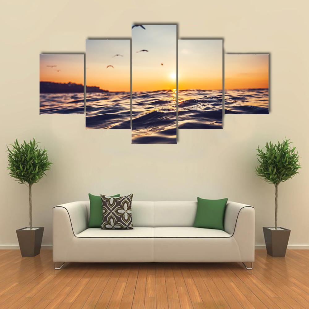 Sunrise Light Shining On Ocean Wave Canvas Wall Art-5 Star-Gallery Wrap-62" x 32"-Tiaracle
