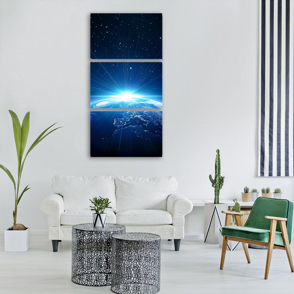 Sunrise On Earth From Space Vertical Canvas Wall Art-3 Vertical-Gallery Wrap-12" x 25"-Tiaracle