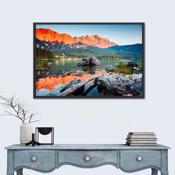 Sunrise On Lake Eibsee Canvas Wall Art-1 Piece-Floating Frame-24" x 16"-Tiaracle