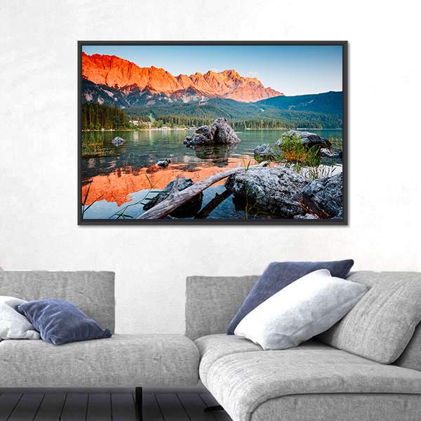 Sunrise On Lake Eibsee Canvas Wall Art-3 Horizontal-Gallery Wrap-25" x 16"-Tiaracle