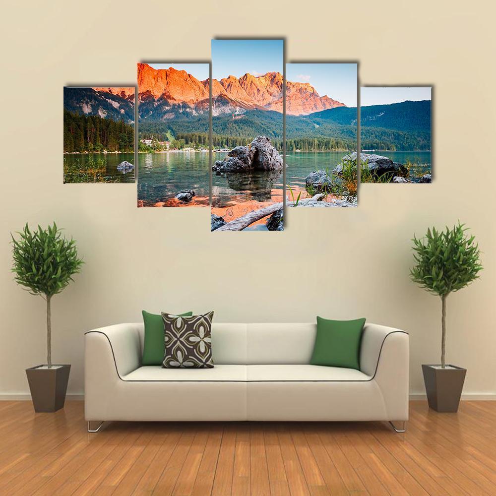 Sunrise On Lake Eibsee Canvas Wall Art-5 Star-Gallery Wrap-62" x 32"-Tiaracle
