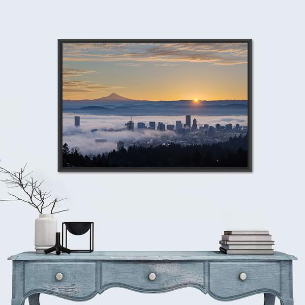 Sunrise Over City Of Portland Oregon Canvas Wall Art-1 Piece-Floating Frame-24" x 16"-Tiaracle